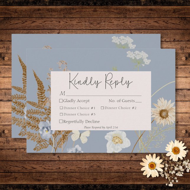 Cartons Réponse Fleurs sauvages sur Dusty Blue Mariage Trois Dîner (Wildflowers on Dusty Blue Wedding Three Dinner RSVP Card)