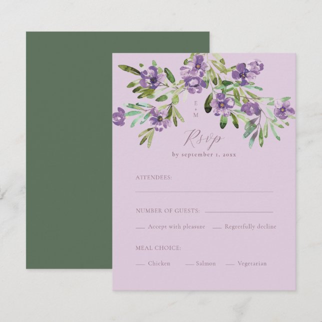 Cartons Réponse Fleurs violettes Calligraphie romantique Choix de  (Devant / Derrière)