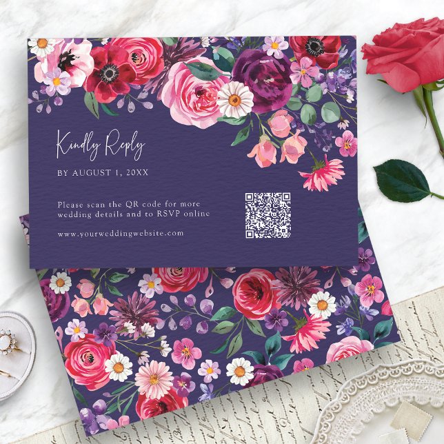 Cartons Réponse Floral bleu (Navy Blue Watercolor Floral RSVP Card with QR Code by Painted Paperie
)