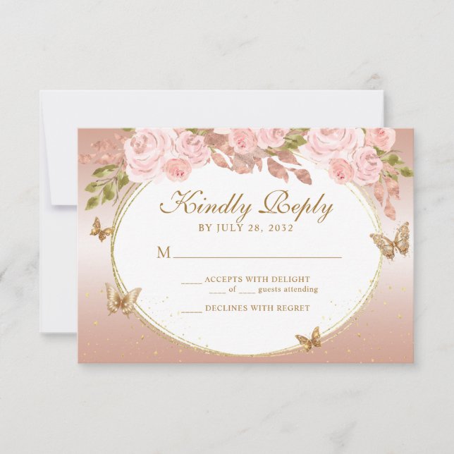Cartons Réponse Floral Blush Rose Or Tiara Butterfly Quinceañera (Devant)