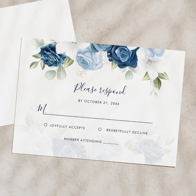 Cartons Réponse Floral Dusty Blue Floral Script Mariage (Floral Dusty Blue Watercolor Bloom Wedding RSVP Card)
