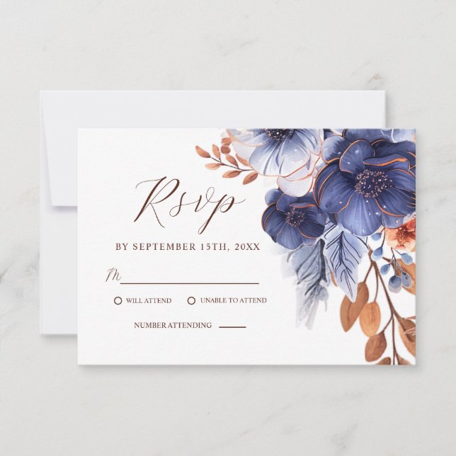 Cartons Réponse Floral Elegant Marine Blue Terracotta Boho Mariage (Devant)