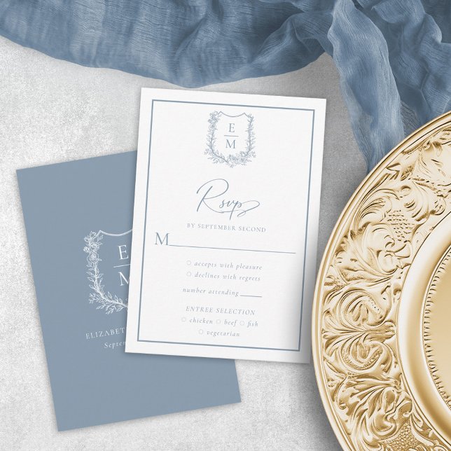 Cartons Réponse Floral Mariage Crest Dusty Blue Repas Options (Créateur téléchargé)
