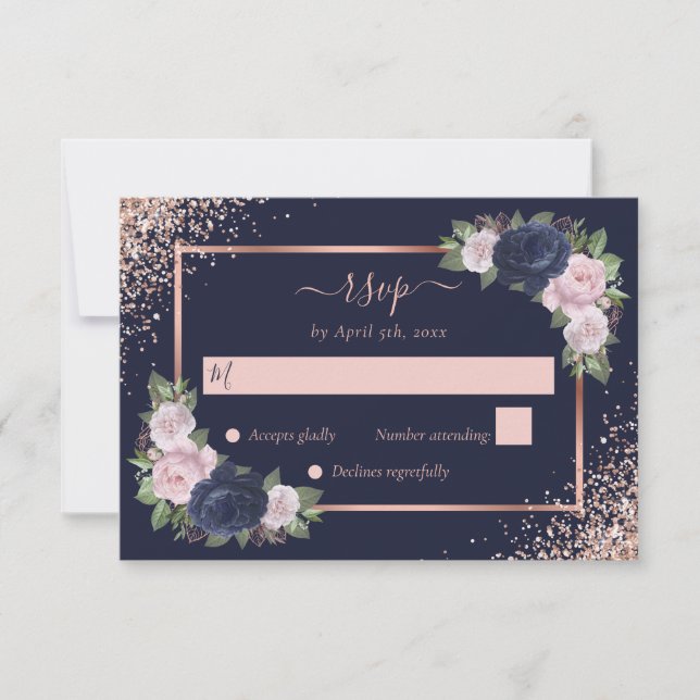 Cartons Réponse Floral Marine Bleu rose rose rose Mariage or (Devant)