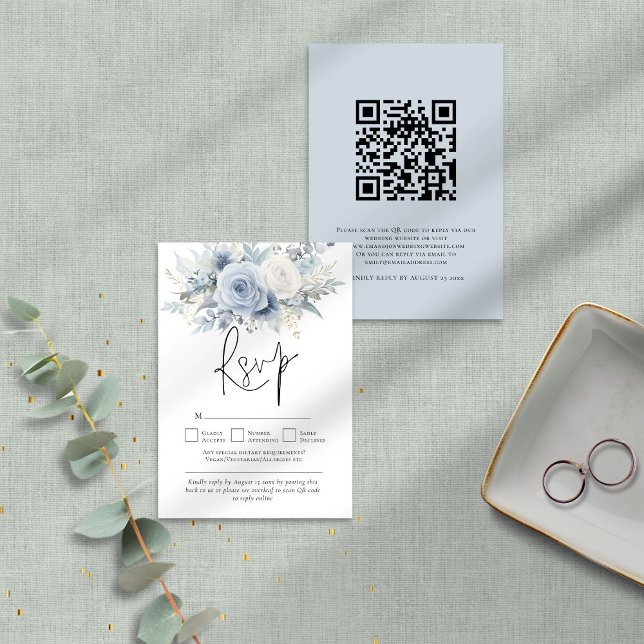 Cartons Réponse Floraux bleu-Dusty moderne Mariage de code QR (front and back view)
