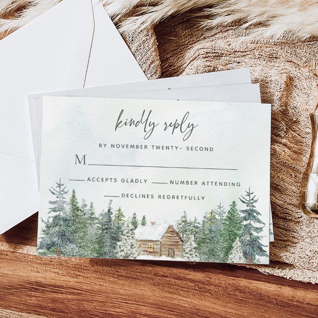 Cartons Réponse Forêt rustique Cabine Pine Trees Mariage d'hiver (Créateur téléchargé)