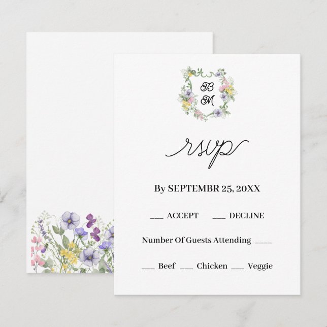 Cartons Réponse Formal Floral Monogram Crest Wedding (Devant / Derrière)