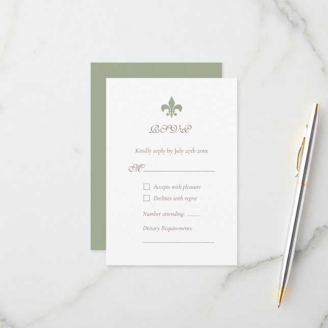 Cartons Réponse Français Regency Green Fleur de Lis Design Mariage (Devant/Arrière en situation)