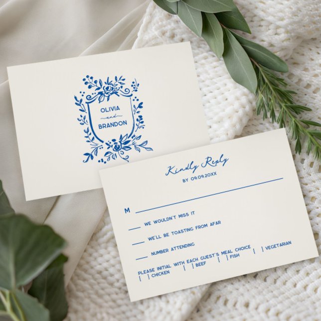 Cartons Réponse French Blue Whimsical Pastoral Wedding Invitation, (Créateur téléchargé)