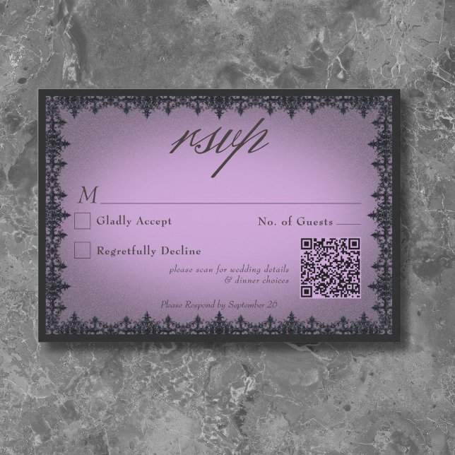 Cartons Réponse Frontière victorienne gothique en fer violet Maria (Victorian Gothic Iron Border Purple Wedding QR RSVP Card)
