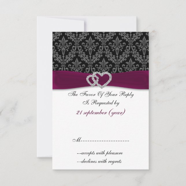 Cartons Réponse Fuchsia damask FAUX ruban diamante Mariage (Devant)