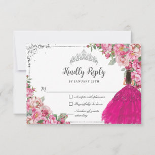 Cartons Réponse Fuchsia Rose Floral Argent Princesse Quinceanera