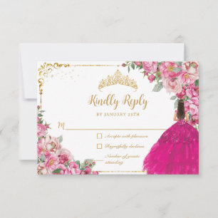 Cartons Réponse Fuchsia Rose Floral Or Princesse Gown Quinceanera
