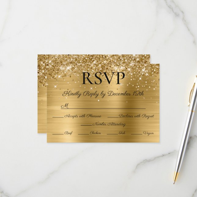 Cartons Réponse Glitter Gold Foil Elegant Calligraphy Wedding (Devant/Arrière en situation)