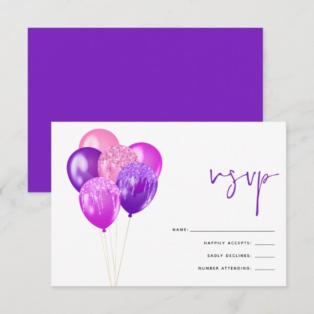 Cartons Réponse Glittery Fuchsia Mauve Balloon 60e fête d'annivers (Devant / Derrière)