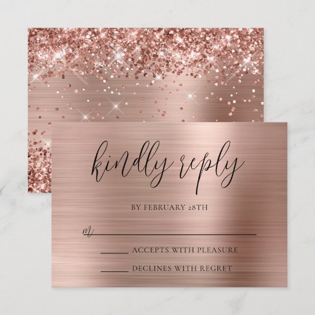 Cartons Réponse Glittery Rose Gold Foil Répondre Kindly Mariage (Devant / Derrière)