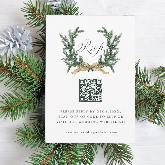 Cartons Réponse Gold Bow & Green Pine Wreath Wedding QR Code (Créateur téléchargé)