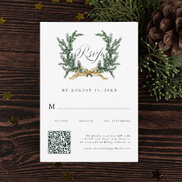 Cartons Réponse Gold Bow & Green Pine Wreath Wedding QR Code