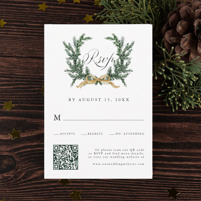 Cartons Réponse Gold Bow & Green Pine Wreath Wedding QR Code (Créateur téléchargé)