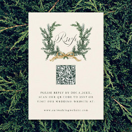 Cartons Réponse Gold Bow & Green Pine Wreath Wedding QR Code Ivory