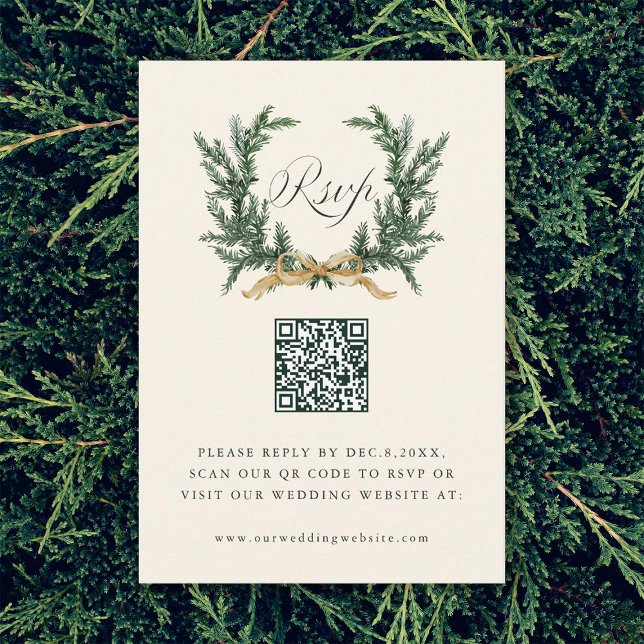 Cartons Réponse Gold Bow & Green Pine Wreath Wedding QR Code Ivory (Créateur téléchargé)
