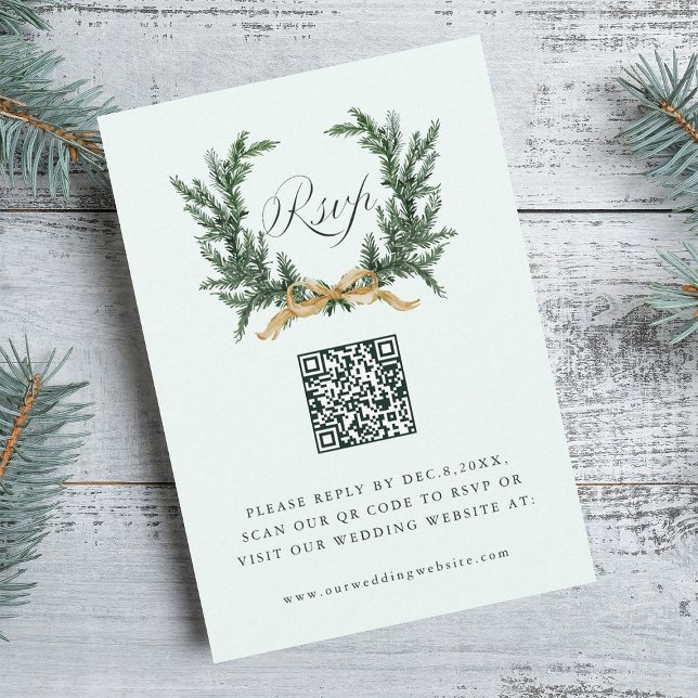 Cartons Réponse Gold Bow & Green Pine Wreath Wedding QR Code Mint (Créateur téléchargé)