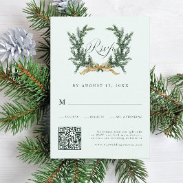 Cartons Réponse Gold Bow & Green Pine Wreath Wedding QR Code Mint