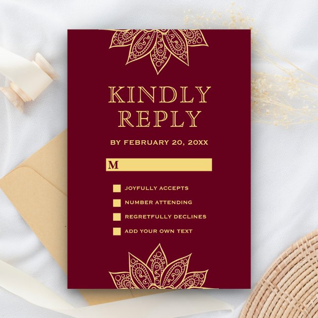 Cartons Réponse Gold Burgundy Mehendi Henna Mariage indien (Créateur téléchargé)