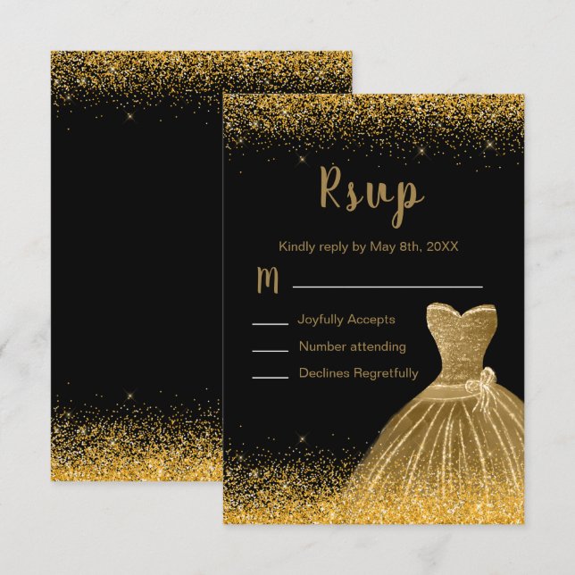 Cartons Réponse Gold Dress Faux Glitter Quinceanera (Devant / Derrière)