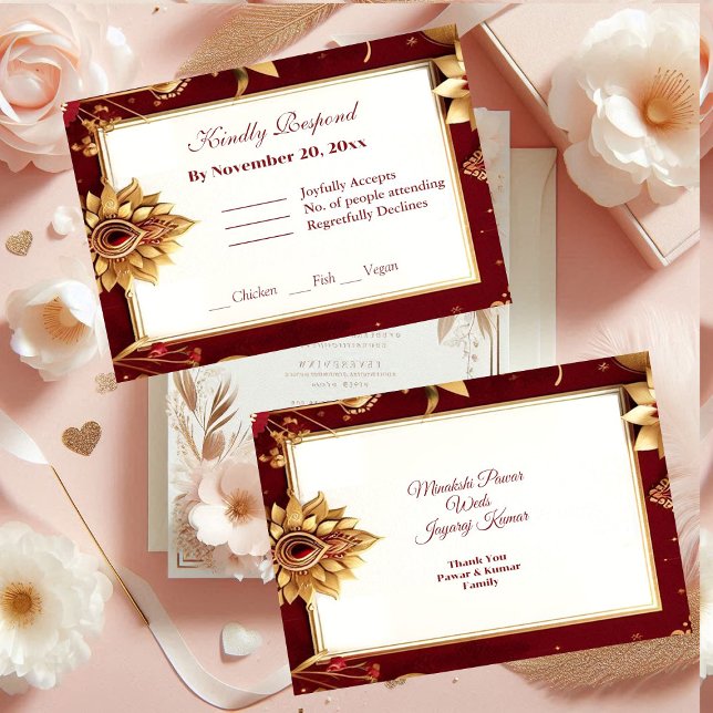Cartons Réponse Gold Floral Motif Asymétrique Grand Mariage Indien (Gold Floral Motif Asymmetric Grand Indian Wedding RSVP Card)