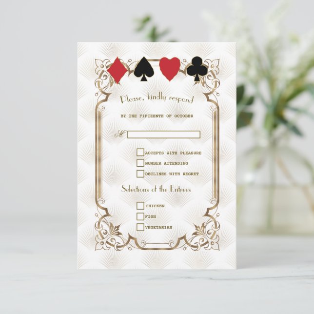 Cartons Réponse Gold White Art Deco Casino Vegas Poker Mariage (Debout devant)
