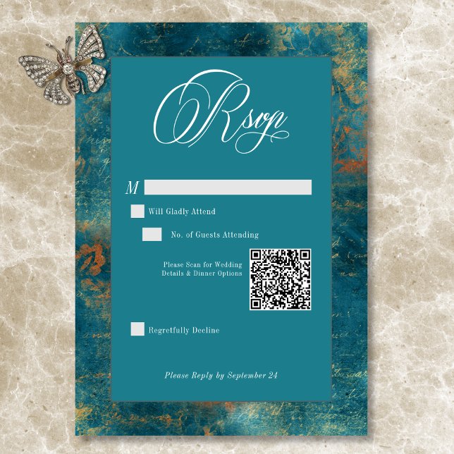 Cartons Réponse Gothique Antique Turquoise or Damask QR Code Maria (Gothic Antique Teal Gold Damask QR Code Wedding RSVP Card)