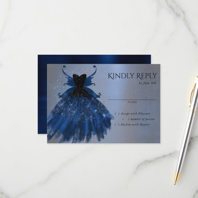 Cartons Réponse Gothique Fairy Navy Gown | Fleur bleue de Cobalt p (Devant/Arrière en situation)