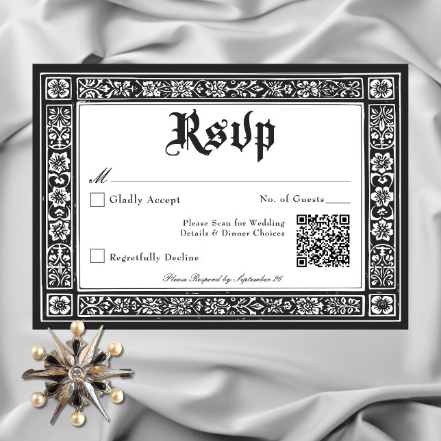 Cartons Réponse Gothique Noir Blanc Médiéval Jusqu'à la mort Maria (Gothic Black White Medieval Until Death Wedding RSVP Card with QR Code)