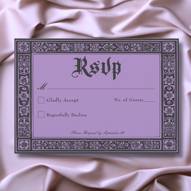 Cartons Réponse Gothique Noir violet Médiéval jusqu'à la mort Mari (Gothic Black Purple Medieval Until Death Wedding RSVP Card)