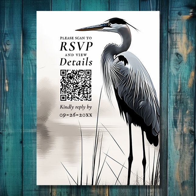 Cartons Réponse Grand Héron bleu Oiseau côtier Code QR Mariage (Front - Great Blue Heron Water Bird QR Code Wedding RSVP Card
)