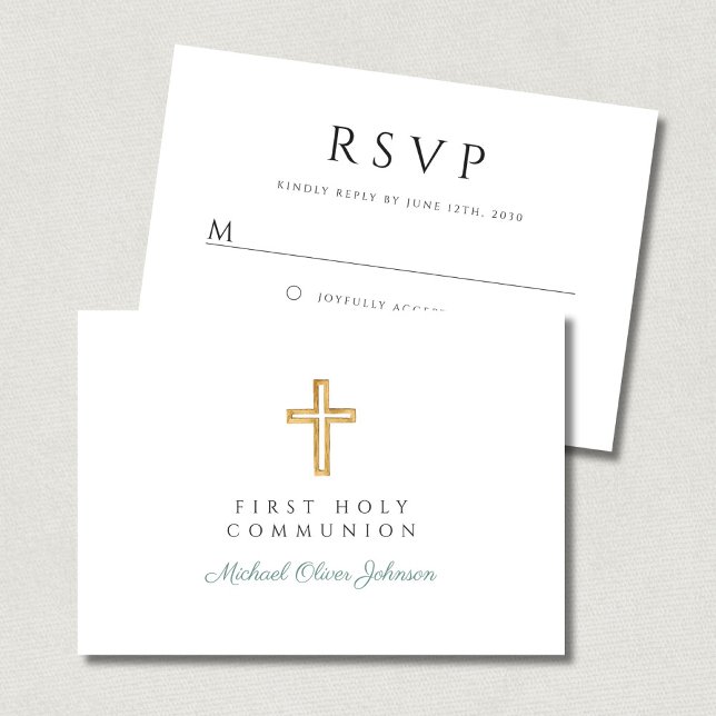 Cartons Réponse Green Script Religious Cross Boy First Communion  (Green Script Religious Cross Boy First Communion RSVP Card)