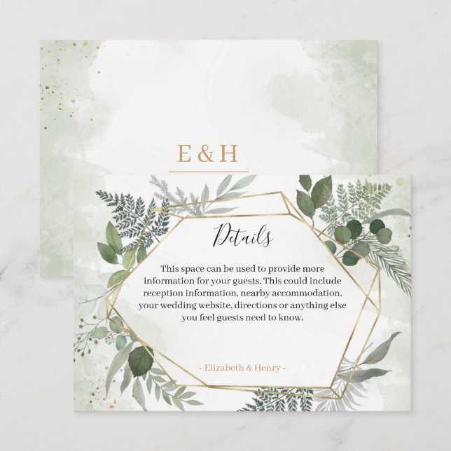 Cartons Réponse Greenery boho gold geometric wedding details (Devant / Derrière)