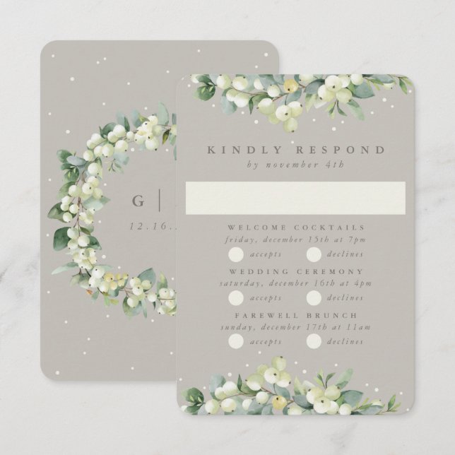 Cartons Réponse Greige Snowberry+Eucalyptus Mariage Multi-événemen (Devant / Derrière)