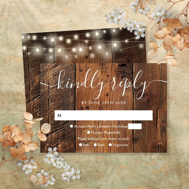 Cartons Réponse Guirlande lumineuse Bois rustique Bohème Mariage o (String Lights Rustic Wood Boho Western Wedding RSVP Card)