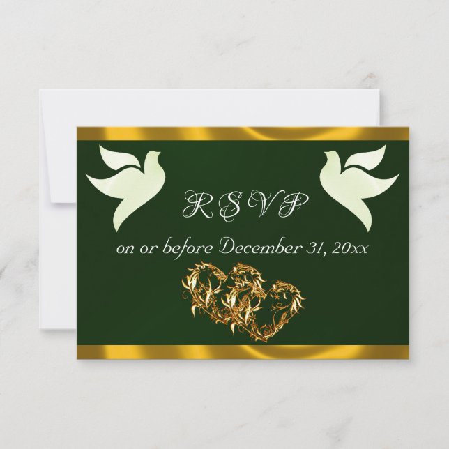 Cartons Réponse Heart, Doves & Ribbon - Emerald/Gold (Devant)