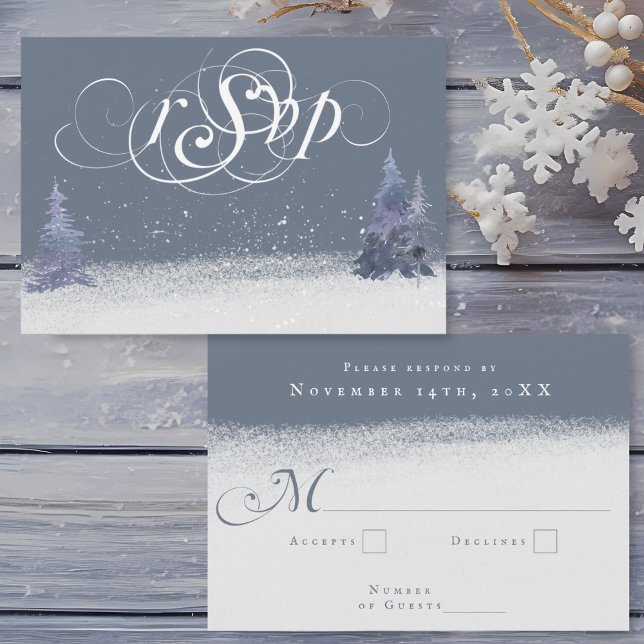 Cartons Réponse Hiver Dusty Bleu et Blanc Mariage de bois (A dusty blue and white winter wedding RSVP card with calligraphy, pine trees, and falling snow.)