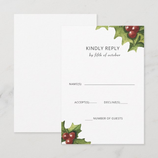 Cartons Réponse Holly Berries Monogramme Mariage hivernal (Devant / Derrière)