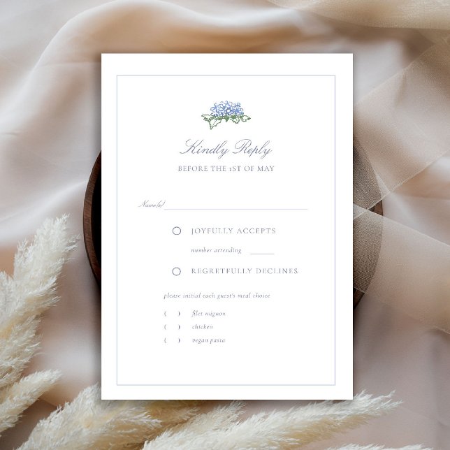 Cartons Réponse Hydrangea Formal Blue Frame Coastal Wedding Meal (hydrangea wedding rsvp meal choice coastal cottagecore romantic garden formal elegant traditional)