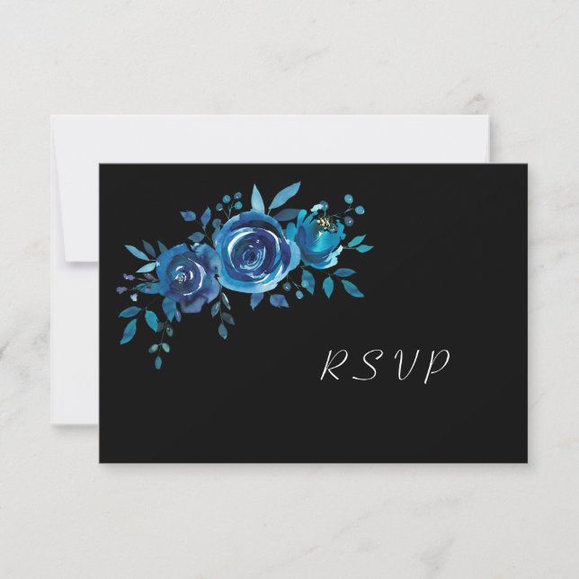Cartons Réponse Indigo Blue + Black Floral Buffet Mariage (Devant)