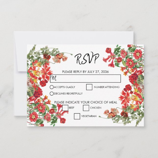 Cartons Réponse Jardin Floral Rouge Mariage de fleurs botaniques (Devant)