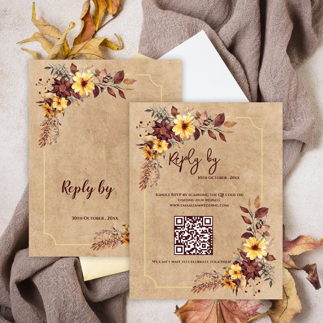 Cartons Réponse Jaune et Bourgogne Floral QR Code Mariage de autom (Yellow & Burgundy Floral QR Code Fall Wedding RSVP Card)