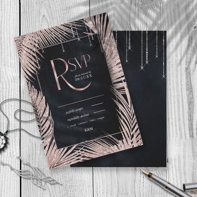 Cartons Réponse Jewel Palm Leaf Mariage Or Rose/Navy ID830 (Créateur téléchargé)