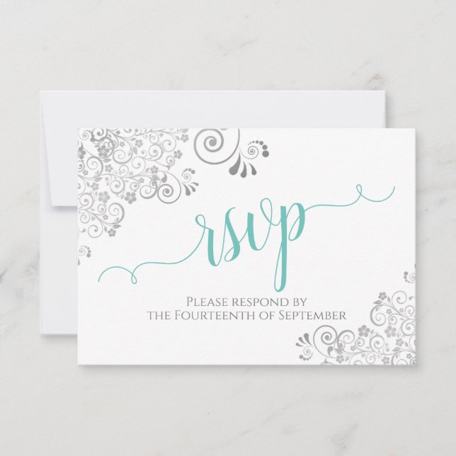 Cartons Réponse Lacy Silver & Aqua sur White Elegant Script Mariag (Devant)