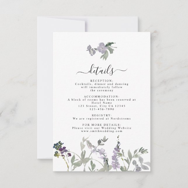 Cartons Réponse Lavender Fleur sauvage Greenery Mariage Détails Ca (Devant)